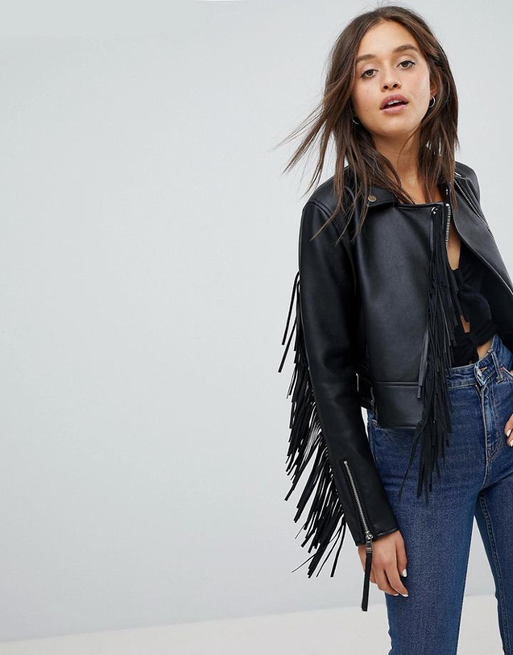 Bershka Faux Leather Fringe Biker Jacket - Black