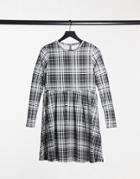 Pieces Alberte Checked Mini Smock Dress With Long Sleeves In Black And White