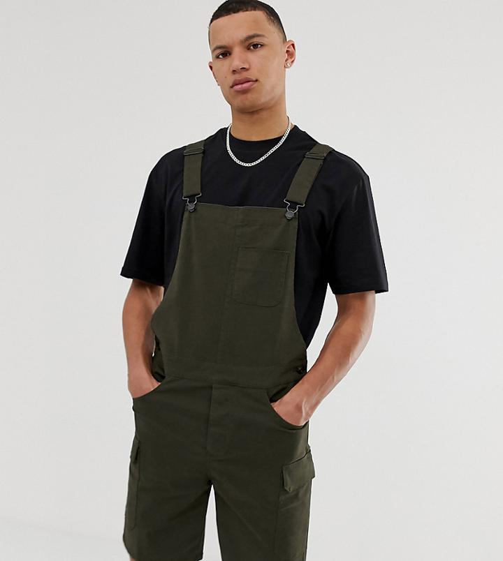 Asos Design Tall Skinny Cargo Short Overalls In Dark Khaki - Green