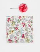 Gianni Feraud Floral Pocket Square And Pink Pin Set-multi