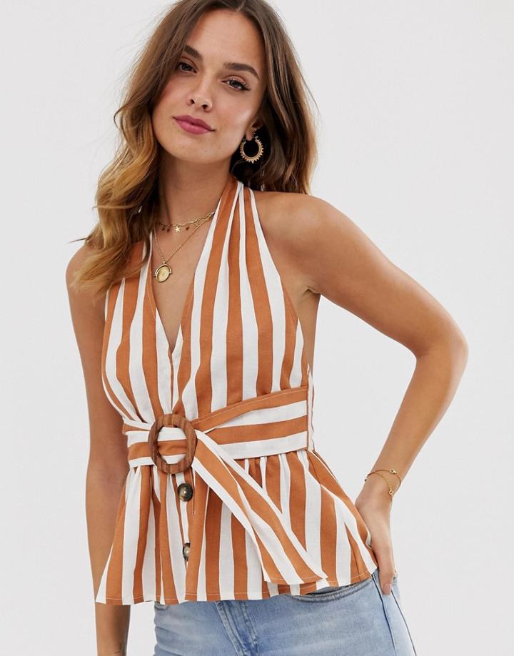 Asos Design Button Through Halter Sun Top In Stripe - Multi