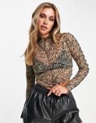 Asos Design Mesh Top With Exposed Seams And Long Sleeve In Micro Animal-brown