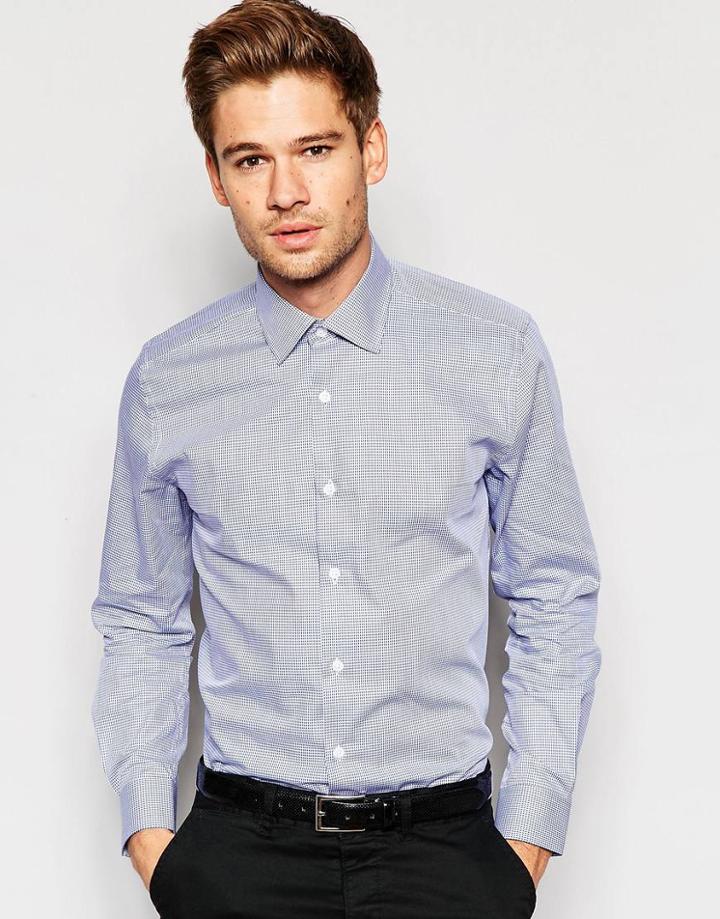 Number Eight Savile Row Exclusive Ginghham Shirt With Point Collar In Skinny Fit - Blue