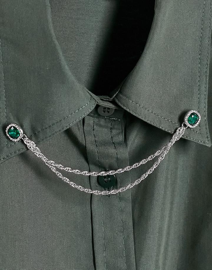 Asos Design Wedding Collar Tips With Green And White Crystals In Silver