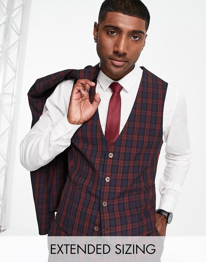 Asos Design Wedding Super Skinny Suit Suit Vest In Burgundy Plaid-red