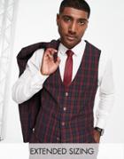 Asos Design Wedding Super Skinny Suit Suit Vest In Burgundy Plaid-red