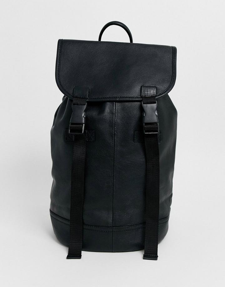 Asos Design Leather Backpack In Black With Double Straps And Matte Black Buckles
