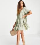 Asos Design Petite V Front Cotton Tiered Mini Smock Dress In Khaki-green