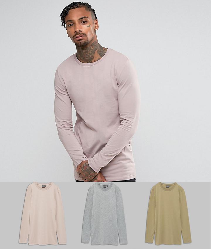 Asos 3 Pack Muscle Fit Longline Long Sleeve T-shirt Save - Multi