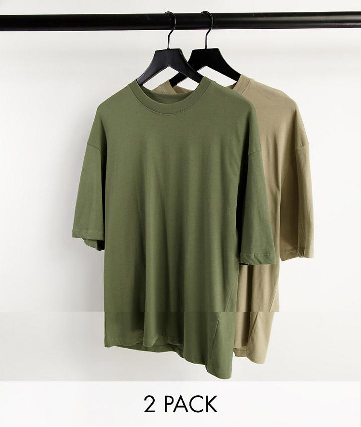 Jack & Jones Originals 2 Pack Oversize T-shirt In Beige & Khaki-green