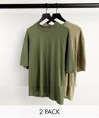 Jack & Jones Originals 2 Pack Oversize T-shirt In Beige & Khaki-green