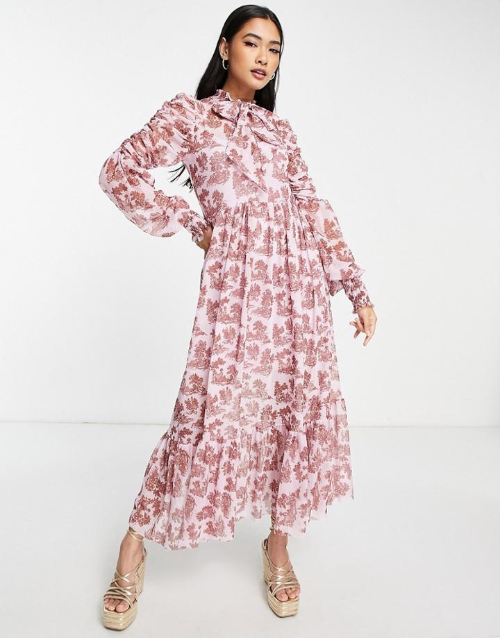 River Island Tie Neck Floral Tea Midi Dress In Light Pink
