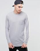 Asos Linen Mix Longline Long Sleeve T-shirt With Pocket And Curve Hem In Gray - Gray