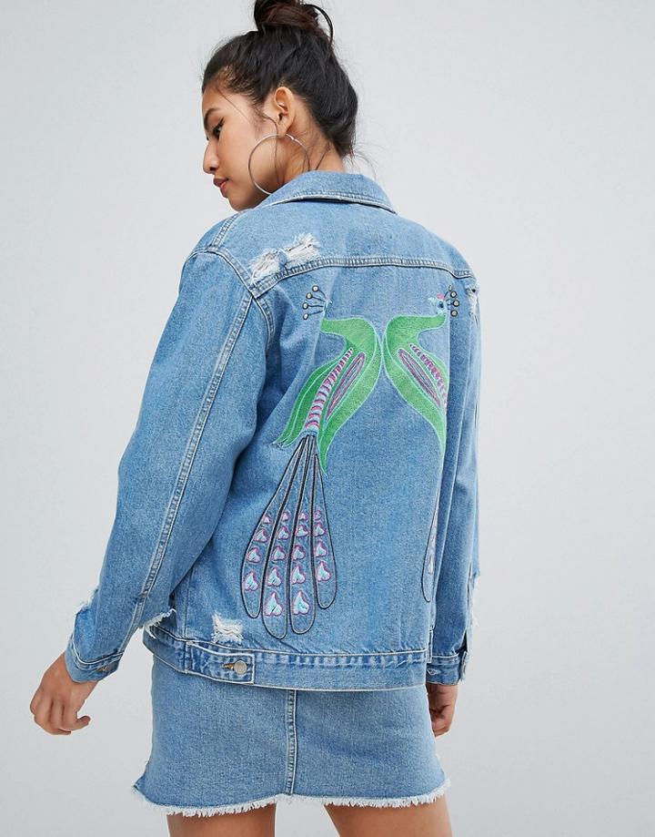 Chorus Peacock Embroidered Oversized Denim Jacket - Blue