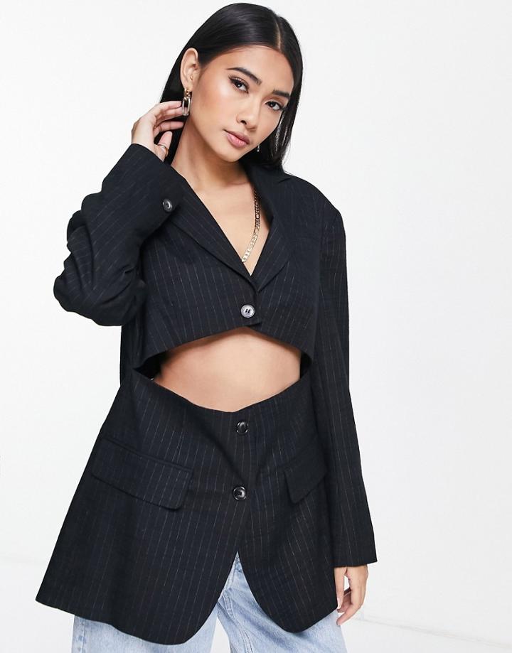 Topshop Deconstructed Pinstripe Blazer In Black