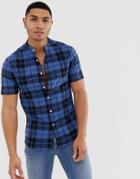 Asos Design Slim Fit Check Shirt With Grandad Collar In Navy - Navy