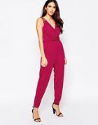Little Mistress Jumpsuit With Embellished Shoulder Detail - Magenta