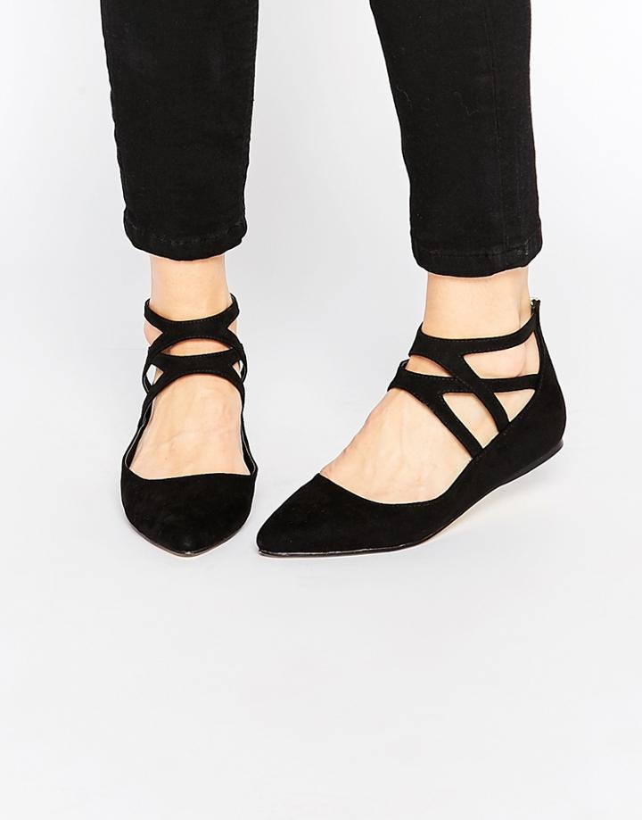 London Rebel Cross Strap Flat Shoes - Black Mf