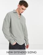 Asos Design Oversized Long Sleeve Revere Polo With Rib Details In Khaki-green