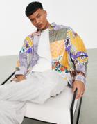 Asos Design Boxy Oversized Shirt In Linen Mix With Crochet Patchwork Print-multi