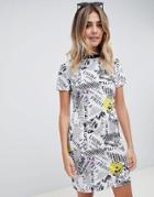 Asos Design Newspaper Print T-shirt Dress - Multi