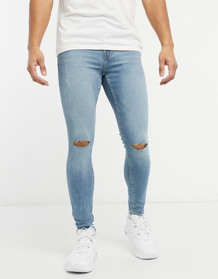 Bershka Super Skinny Jeans With Rips In Bright Blue-blues