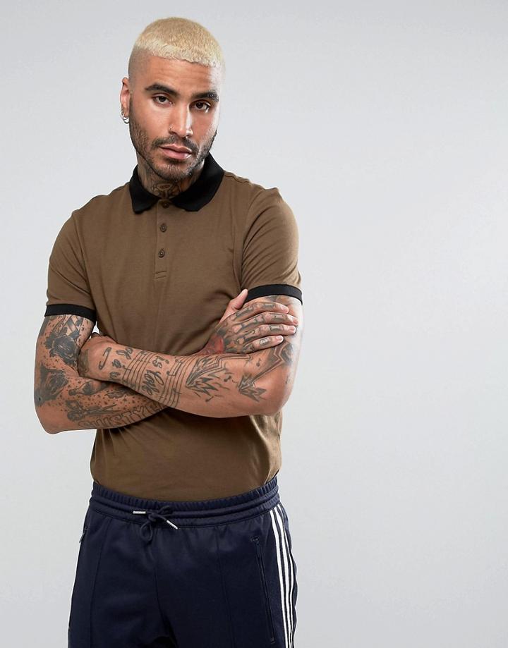 Asos Polo Shirt With Contrast Rib And Cuff In Green - Green