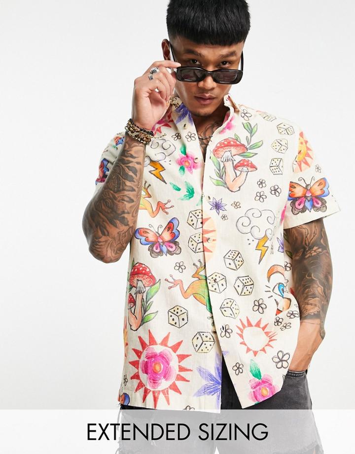 Asos Design Relaxed Shirt In Linen Mix Symbol Print-multi