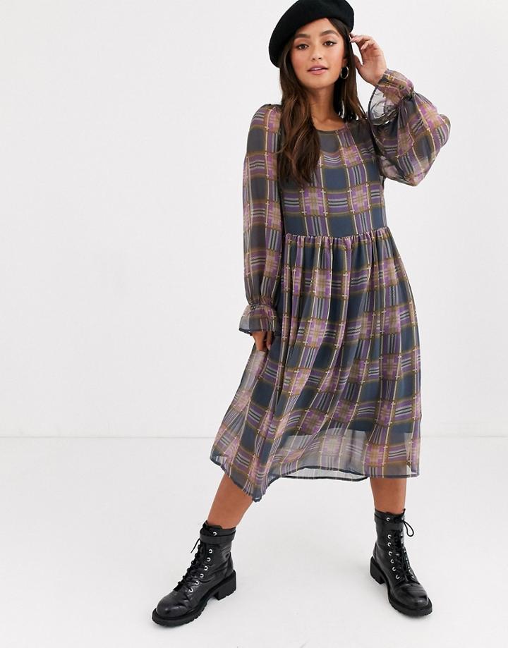 Pieces Midi Smock Dress With Frill Sleeve In Check Print-multi