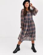 Pieces Midi Smock Dress With Frill Sleeve In Check Print-multi