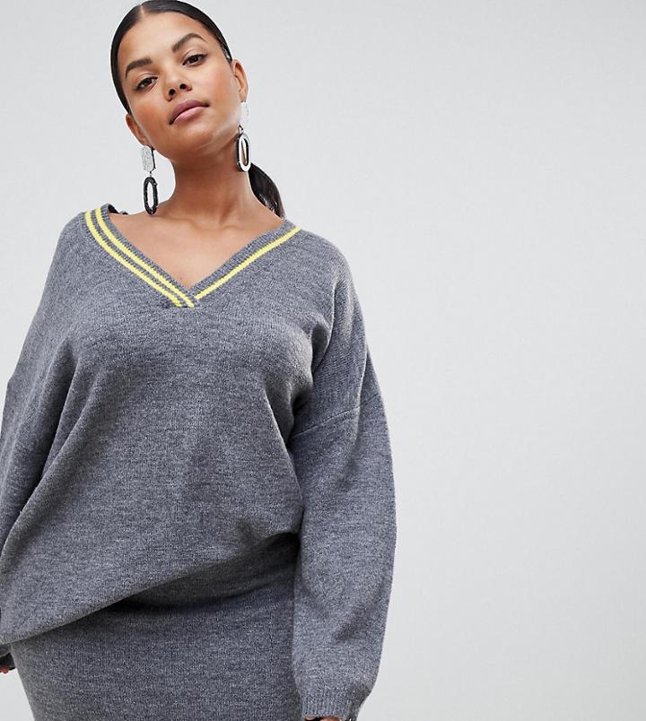 Asos Design Curve Two-piece V Neck Sweater With Tipping - Gray