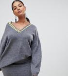 Asos Design Curve Two-piece V Neck Sweater With Tipping - Gray