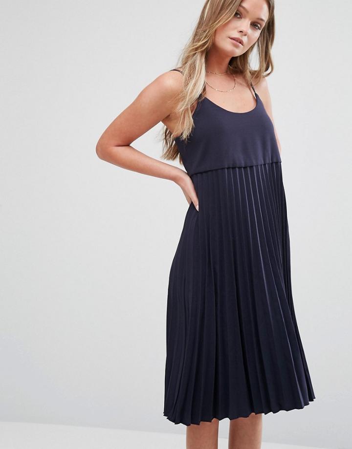 Mango Pleat Detail Midi Dress - Navy