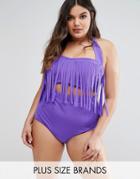 Monif C Purple Fringed Bikini Top - Purple
