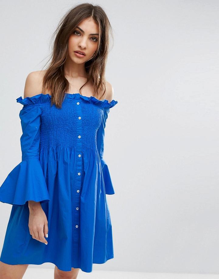 Mango Bardot Ruffle Shirt Dress - Blue