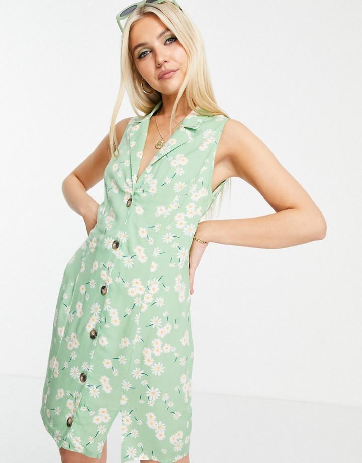 Asos Design Sleeveless Button Through Mini Dress In Ditsy Print-multi
