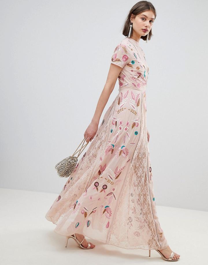 Frock And Frill Allover Embroidered Plunge Front Maxi Dress-cream