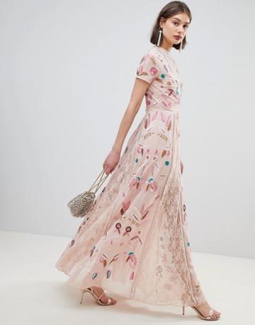 Frock And Frill Allover Embroidered Plunge Front Maxi Dress-cream