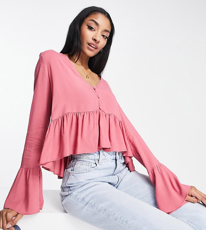 Asos Design Tall Long Sleeve Smock Top With Button Front And Peplum Hem In Dusky Rose-multi