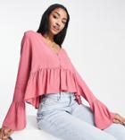 Asos Design Tall Long Sleeve Smock Top With Button Front And Peplum Hem In Dusky Rose-multi