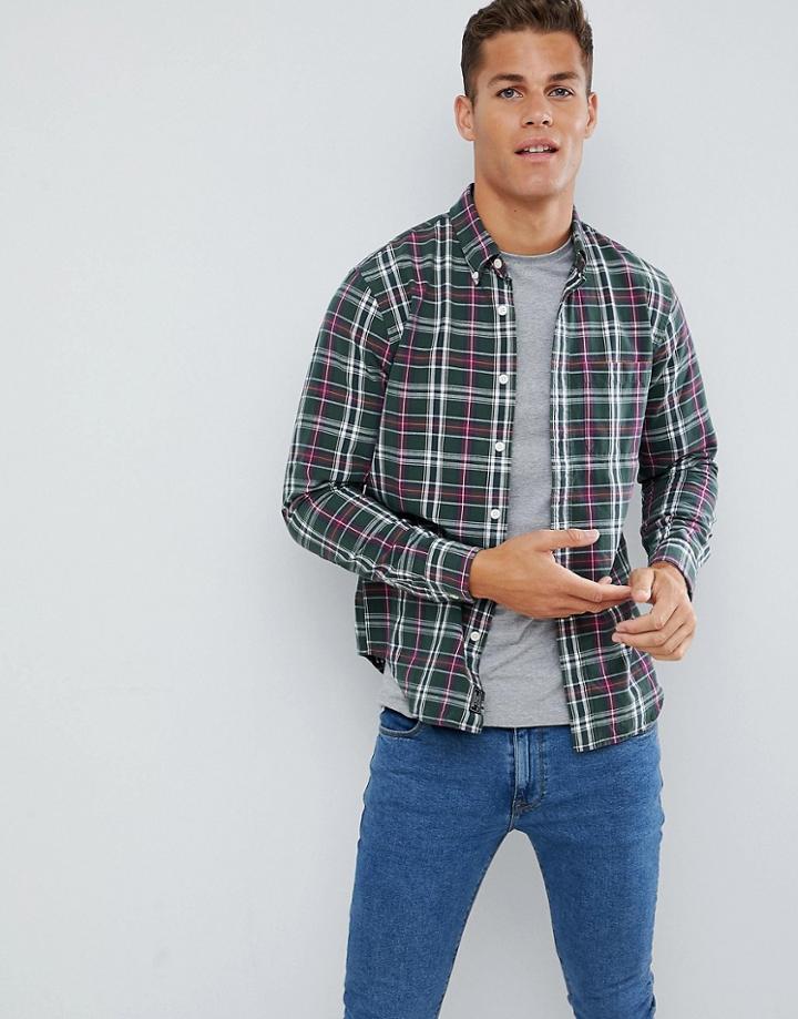 Abercrombie & Fitch Plaid Check Icon Logo Slim Fit Oxford Shirt In Green