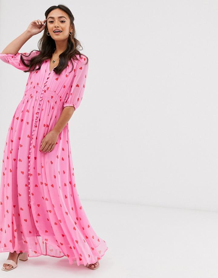 Ghost Valentina Georgette Heart Print Maxi Dress-pink