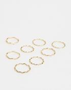 Asos Design Pack Of 8 Rings In Plain And Engraved Wave Design In Gold
