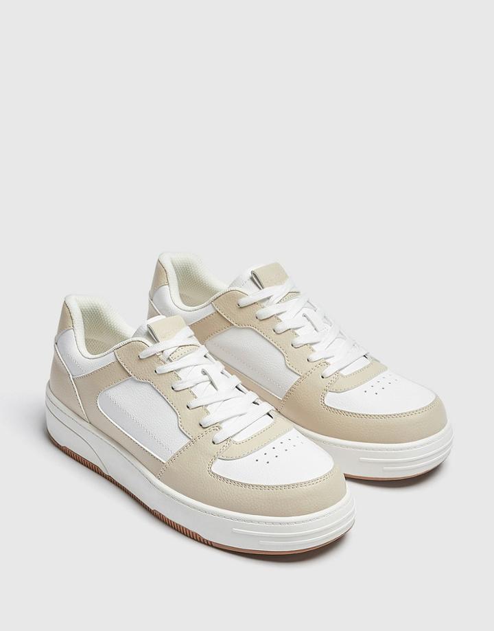 Pull & Bear Contrast Runner Sneakers In Beige-neutral