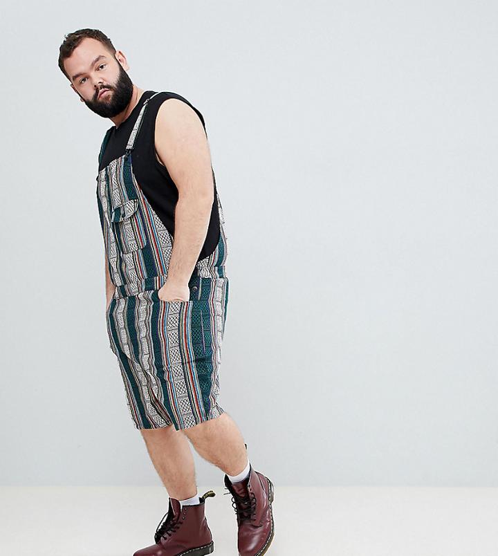 Asos Design Plus Festival Slim Short Overalls In Green Abstract Print - Green
