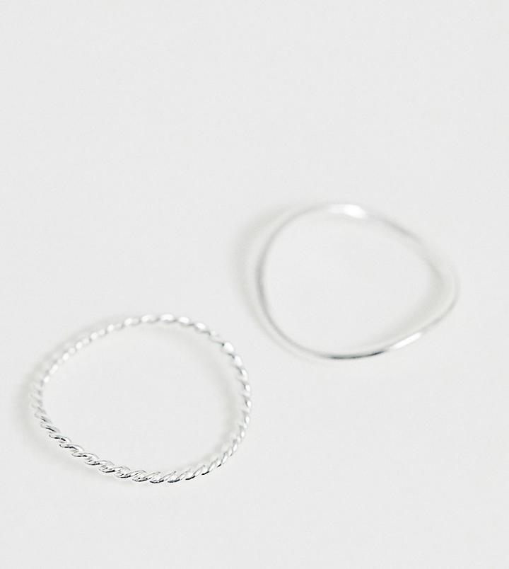 Asos Design Sterling Silver Pack Of 2 Rings In Plain And Twist Wave Design - Silver