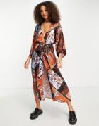 Topshop Premium Satin Kimono Dress In Patchwork-multi
