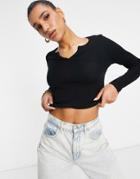Asos Design Long Sleeve Slim Fit Crop Top With Notch Neck In Black