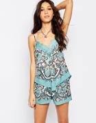 Band Of Gypsies Cami Tank In Scarf Print With Lace - Blue