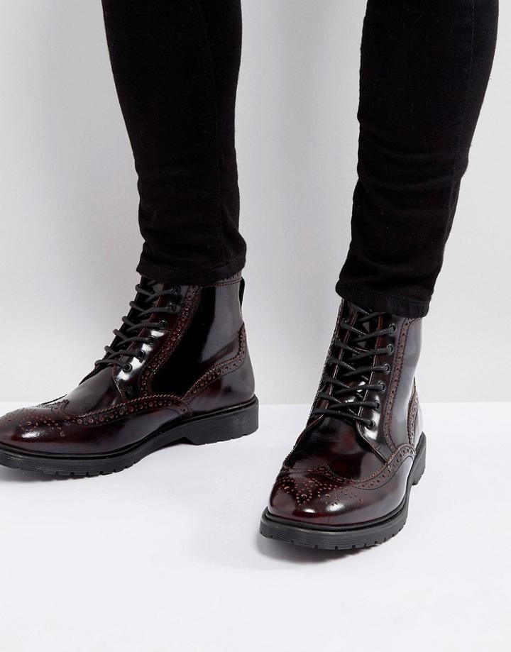 Asos Lace Up Brogue Boots In Burgundy Leather With Ribbed Sole - Red